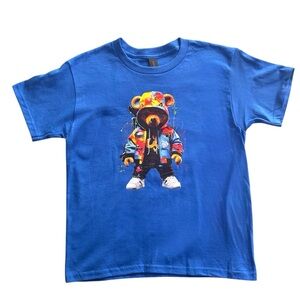 Blue T-Shirt with Colorful Bear Graphic